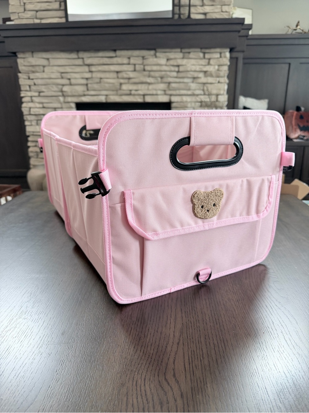 NWT Collapsible Pink Fabric Storage Bin with Front Pocket and Handles